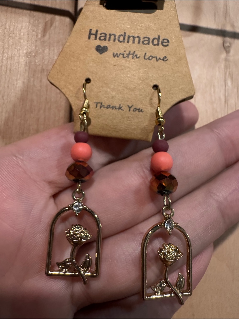 Handmade Gold Floral Drop Earrings in Coral and Burgundy